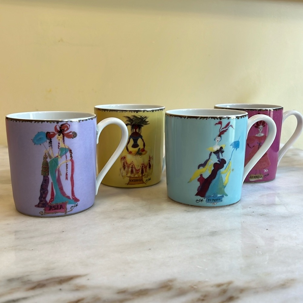 Set of 4 Christian Lacroix Continents Mugs RARE